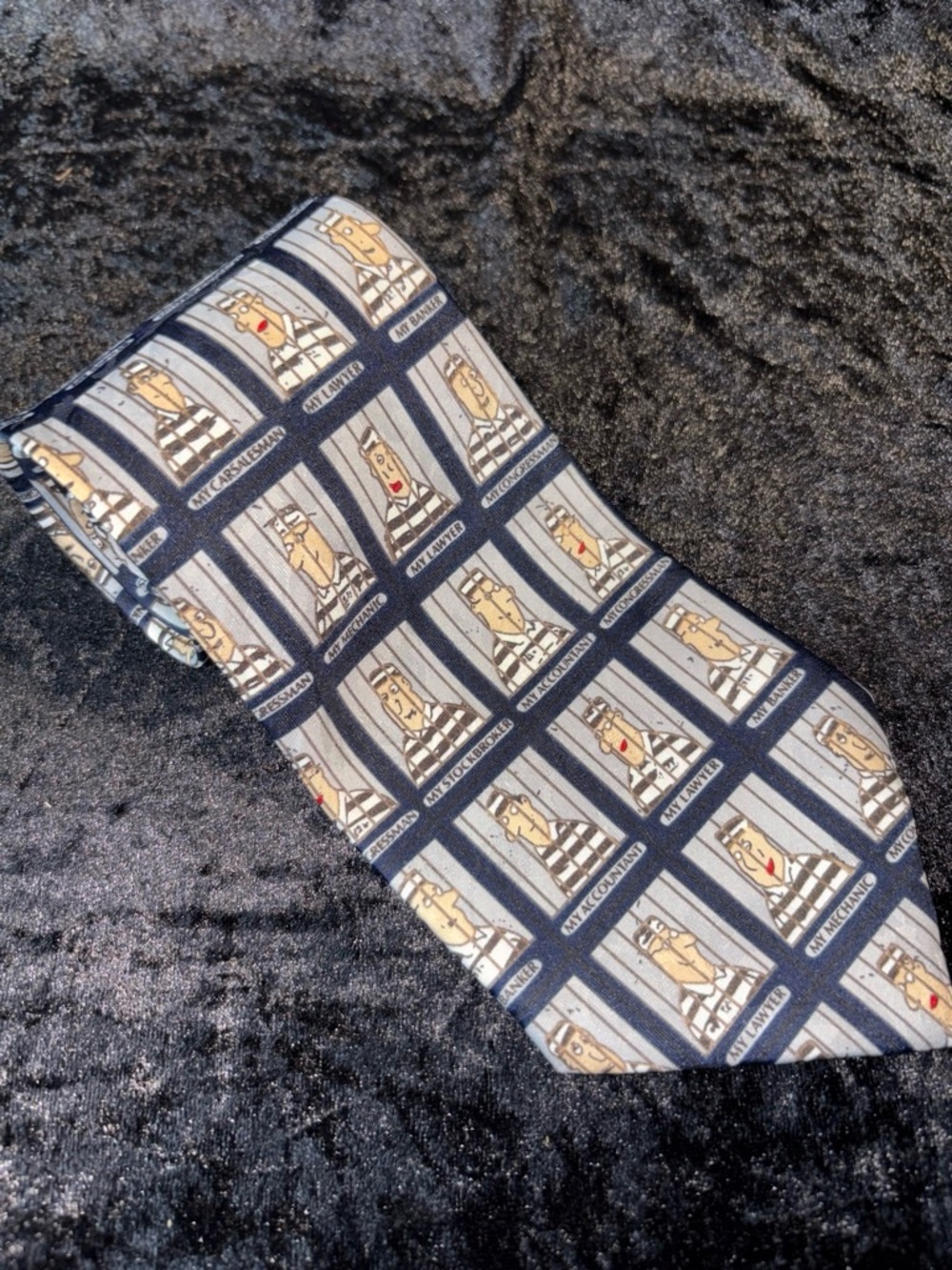 Designs By A. Rogers Necktie Gray Navy Blue Prisoner Mugshot Cartoon Novelty EUC
